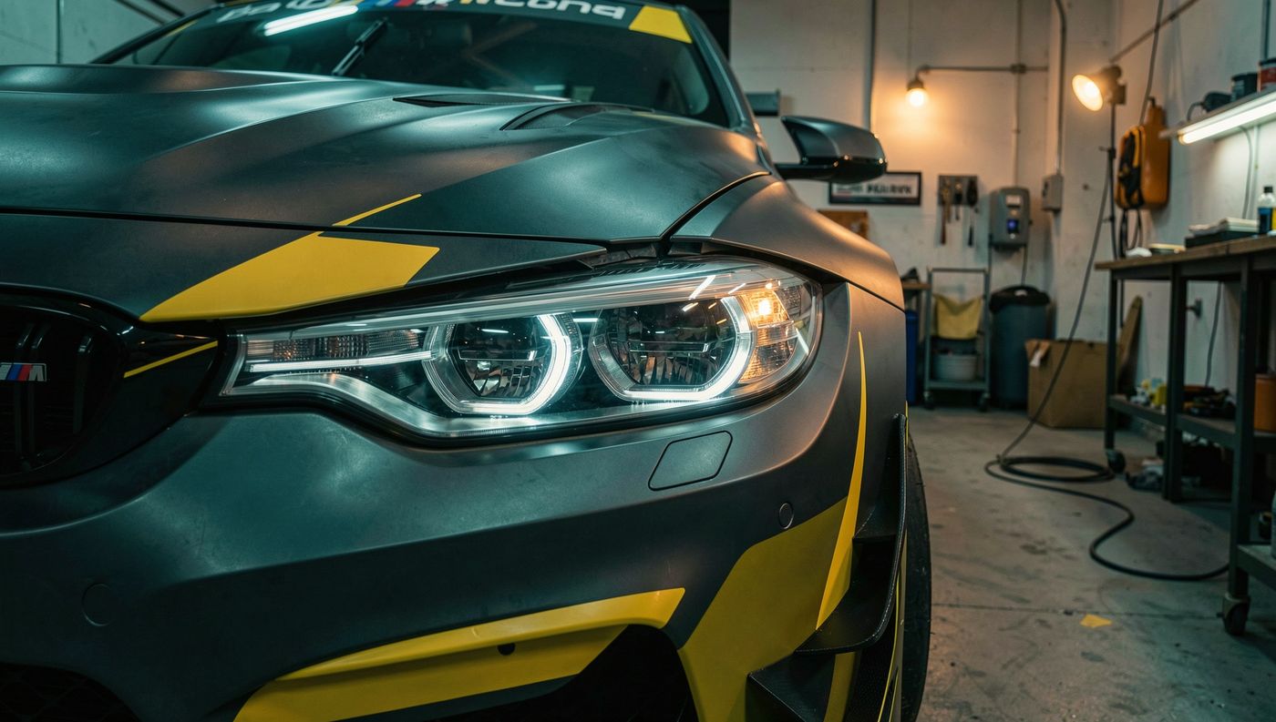 Scheinwerfer eines BMW M4 GT3 in Nahaufnahme