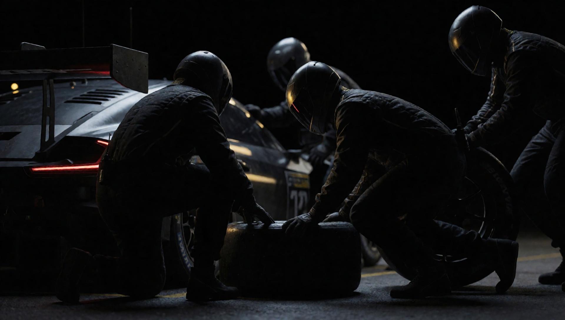 Pitstop Crew wechselt Reifen an einem GT3 Auto